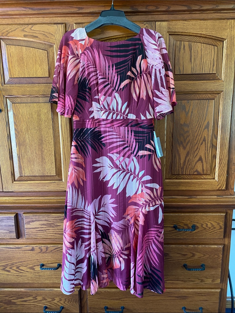 Maggy London Berry Pink Tropical Leaf Midi Dress
